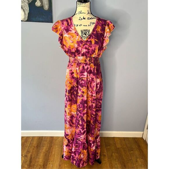 SHEIN Women’s L Classic Surplice V-Neck Maxi Dress in Dopamine Orange/Purple Flo - Picture 3 of 8